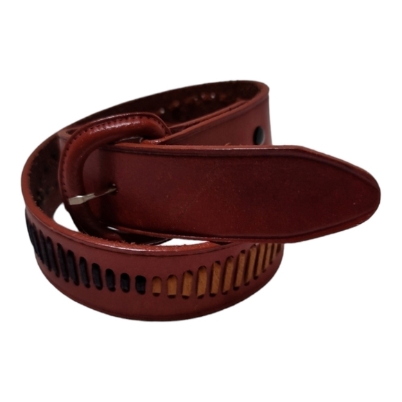 Vintage Leather Whipstitched Belt 30 Red Covered Buckle Western Boho - Picture 1 of 6